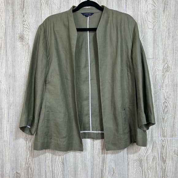 Lands End Linen Olive Green Open Front Boxy Blazer Jacket 20W - Picture 2 of 13